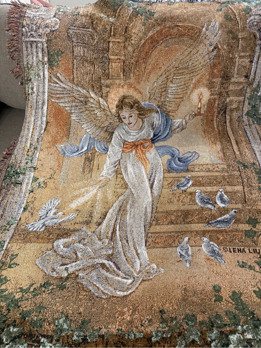 VTG Lena Liu Angel of Light Woven Tapestry Throw Blanket Fringed 50x60